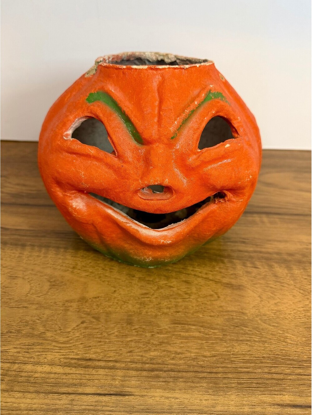 Vintage 1950s Paper Mache Jack O Lantern Pumpkin Halloween Pulp Lantern 8"